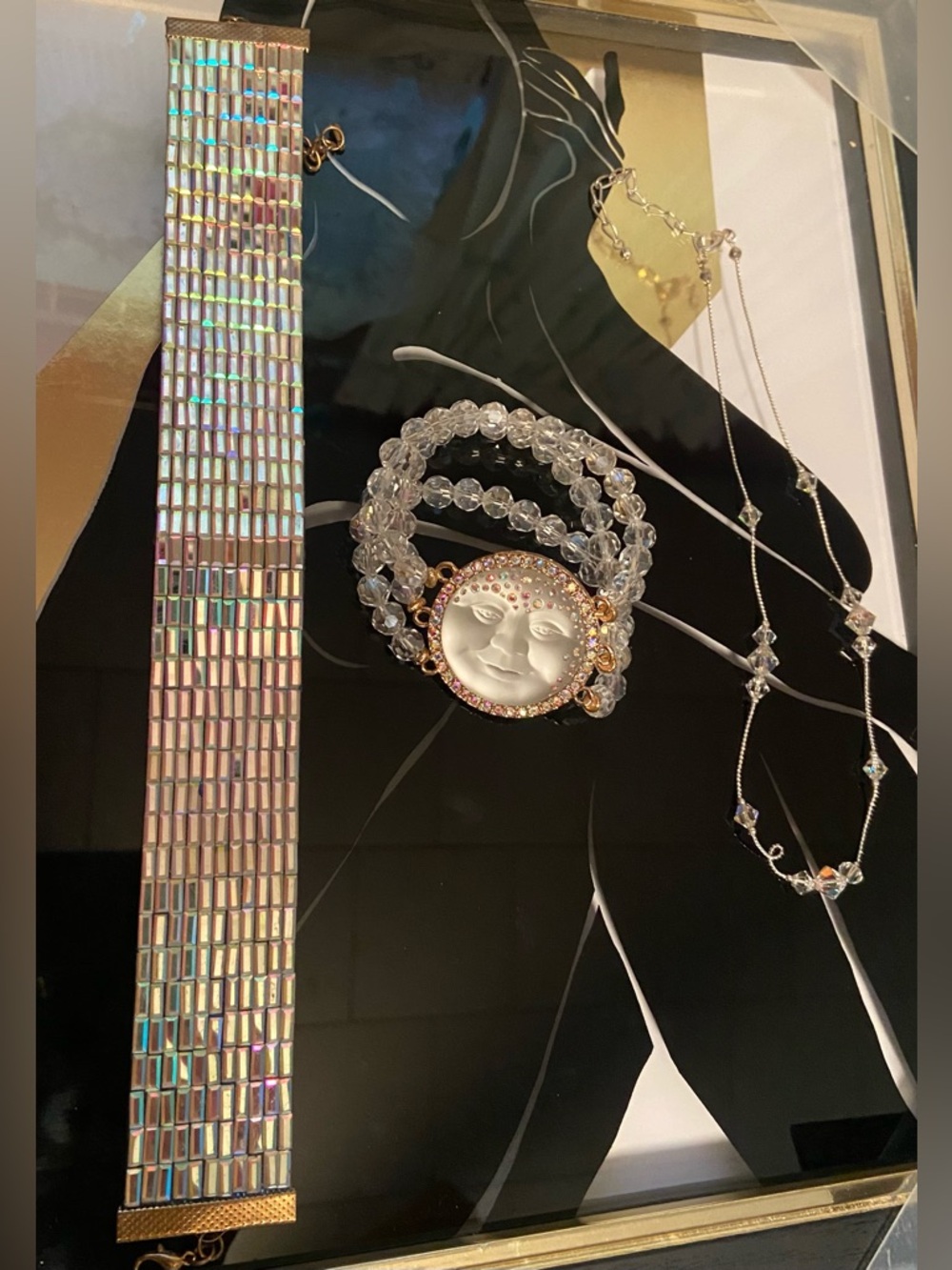 AB Choker, Kirks Folly White Moon Face Bracelet, & Swavorski necklace #129